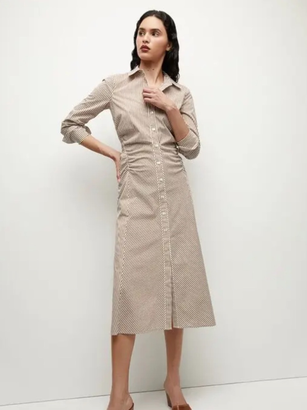 Veronica Beard Beige Striped Midi Shirt Dress